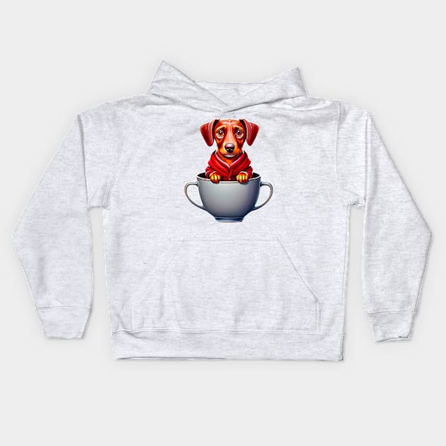The Cozy Cup Dachshund: Adorable Dog in Red Hoodie Tee Kids Hoodie by fur-niche